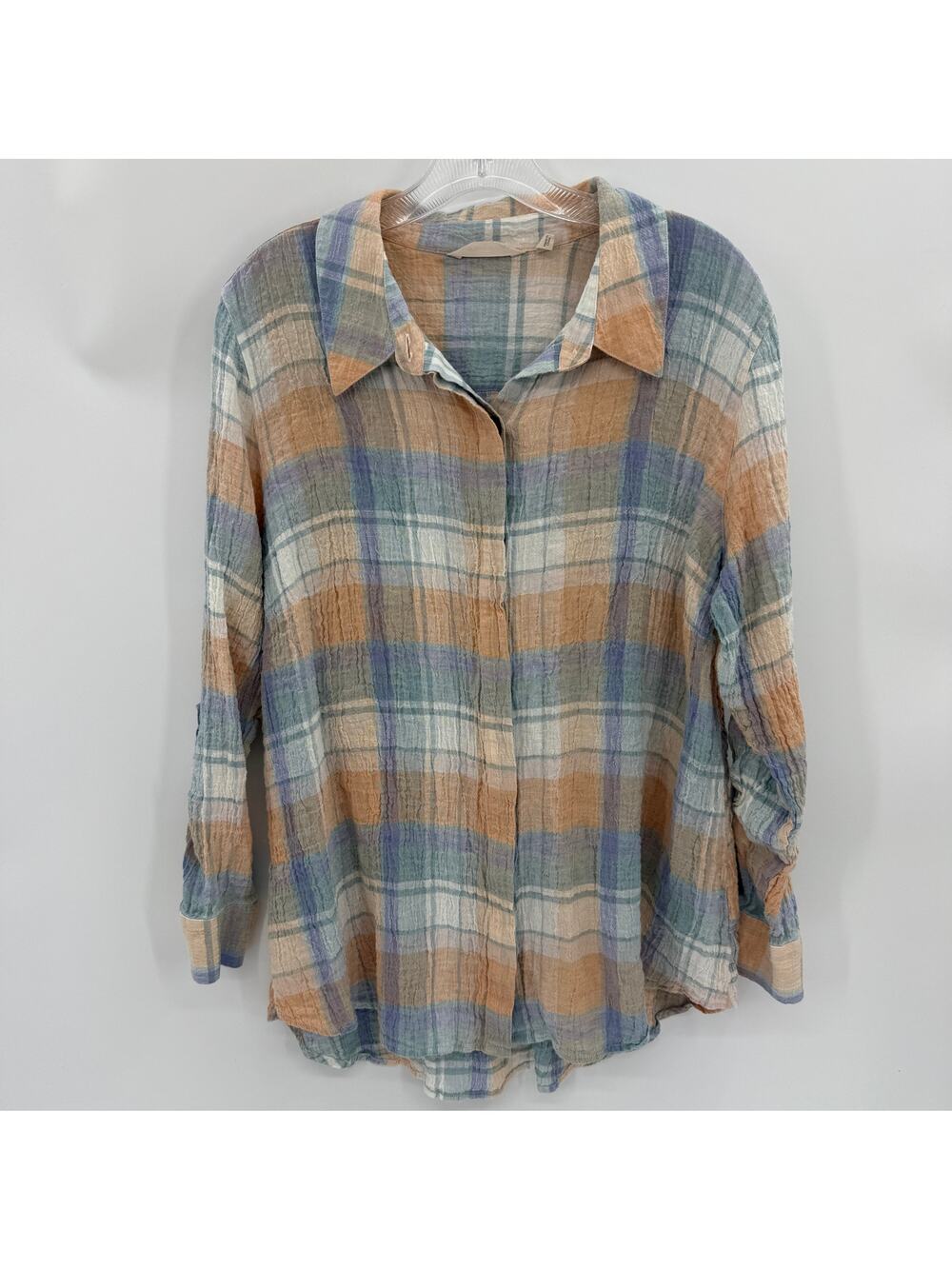SOFT SURROUNDINGS Crinkle Long Sleeve Plaid Tunic Shirt Size 1X Linen Button Up